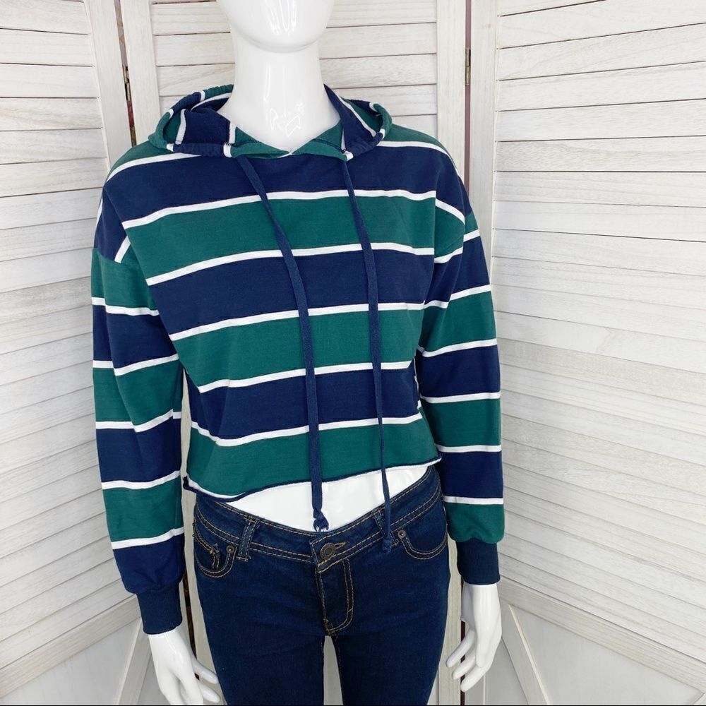 Y2K Charlotte Russe Striped Crop Hoodie Blue Green Small Raw Hem Preppy